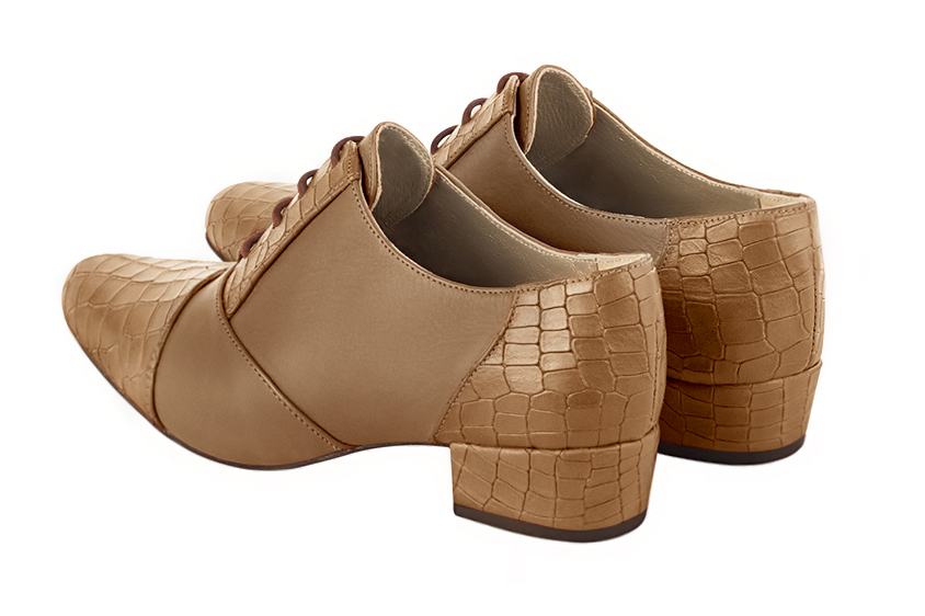 Camel beige women's essential lace-up shoes. Round toe. Low block heels. Rear view - Florence KOOIJMAN